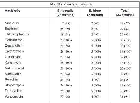 Table 1:Frequency of antibiotic resistance of the thirty-three Enterococcus spp. tested