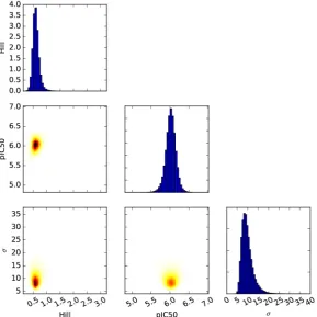 Figure 4. Matrix plot of normalised marginal and pairwise marginal histograms of the MCMC algorithm output samples for each parameter, in the amiodarone and hERG example