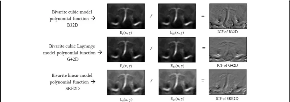 Fig. 2 Intensity-curvature functional of the three model functions. The intensity-curvature functional (ICF) is the ratio of the intensity curvatureterms (ICT) before (Eo (x, y)) and after interpolation (EIN (x, y))