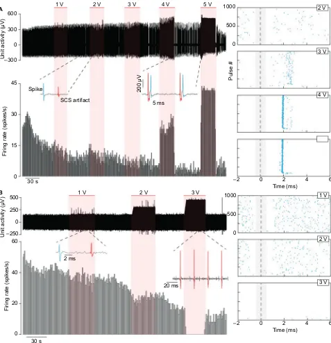 Figure 9 Neuronal activity of two neurons from different blocks recorded during SCS from the same sheep (#40022).Notes: (A) One neuron was excited by SCS and (B) the other neuron inhibited