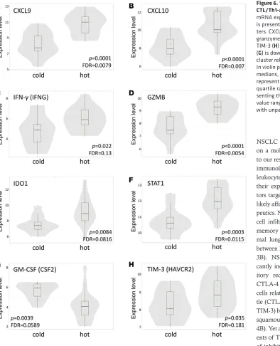 Figure 6. “Hot” cluster is enriched for CTL/Th1-associated genes. ters. CXCL9 (Normalized mRNA expression of signature genes is presented for “hot” and “cold” clus-A), CXCL10 (B), IFN-γ (C), granzyme B (D), IDO1 (E), STAT1 (F), and TIM-3 (H) are upregulate