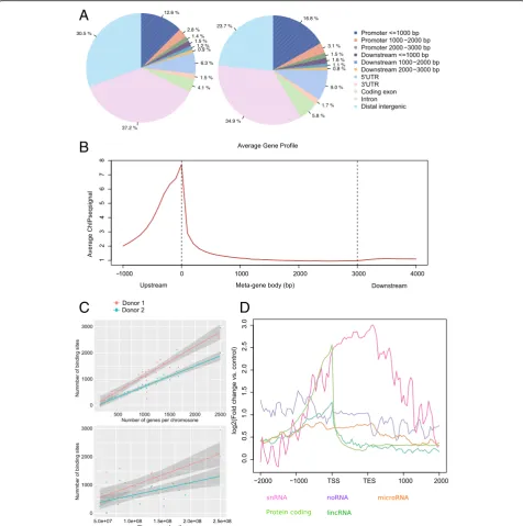Fig. 6 Summary of INTS12 binding to fixed features of the human genome. a Percentage of INTS12 binding sites falling on the fixed annotatedgenomic features in the first (left) and second (right) donor