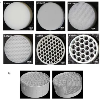 Fig. 1. a) Photographs of the printed solid tablet and hon-eycomb -like tablets with varying cell sizes between0.20 mm and 1.83 mm