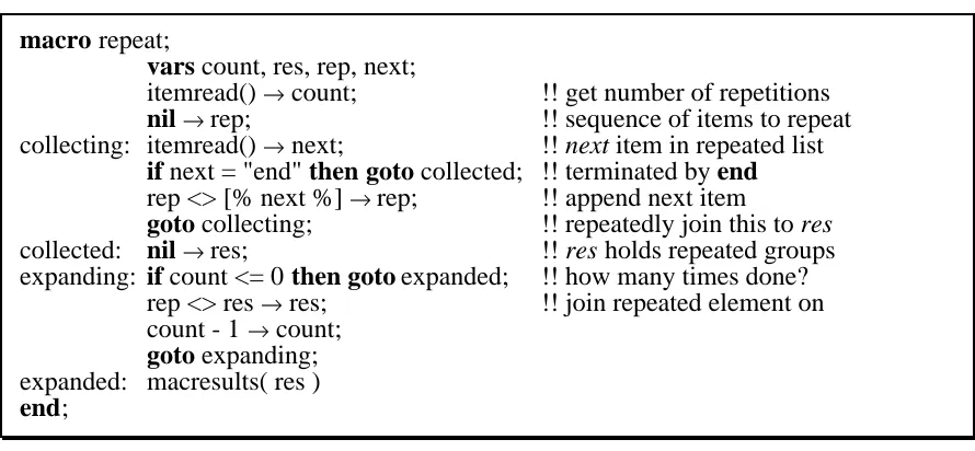 Figure 2.2 shows the definition of a macro, due to Atkinson [Atk91], that replicates the itemsin the input stream, up to end, a specified number of times.