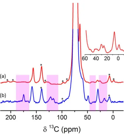 Figure 5 1H-13C CP spectra of an rGO electrode cycled with natural abundance electrolyte and prepared for DNP experiments (a) under inert N2 atmosphere (the aliphatic region is shown in the inset), and (b) in air