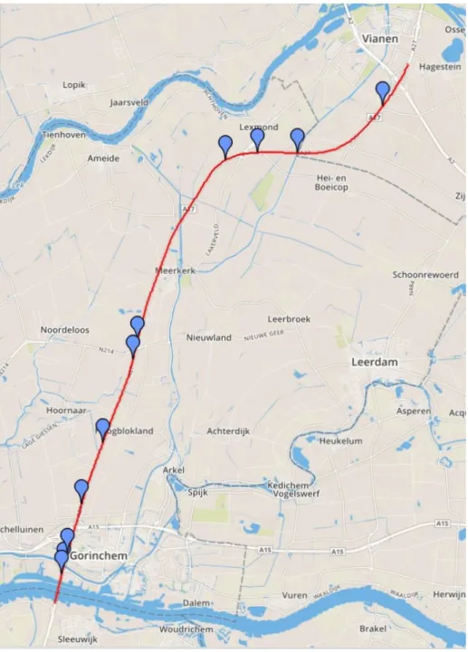 Figure 1: Overview of A27 study area. The monitored route (in red) runs from Vianen (top right) southbound to Gorinchem (bottom left)