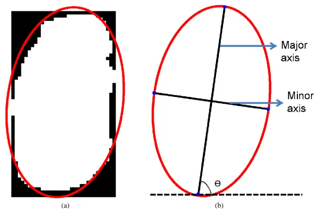 Figure 4.10: Example showing the orientation of the vehicle region (a) Vehicle region and its  corresponding ellipse (b) Graphical representation of the ellipse 