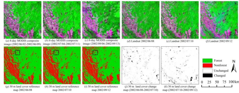 Fig. 6 MODIS, Landsat images, and reference maps in the MODIS–Landsat experiment from 