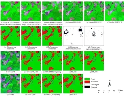 Fig. 7 Input, reference, and result images and maps for the zoomed area at different years for the MODIS–