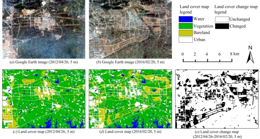 Fig. 10 Google Earth images, land cover maps and change maps in the Landsat–GEI experiment