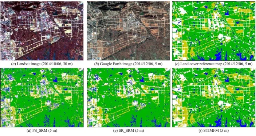 Fig. 11 Landsat image, Google Earth image, reference and result maps in the Landsat–GEI experiment