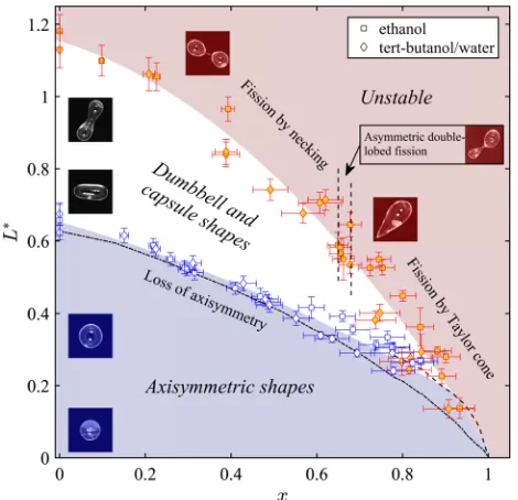 FIG. 4.Shapestability as a functionofthe fissility,and asymmetric dumbbell fission are observed