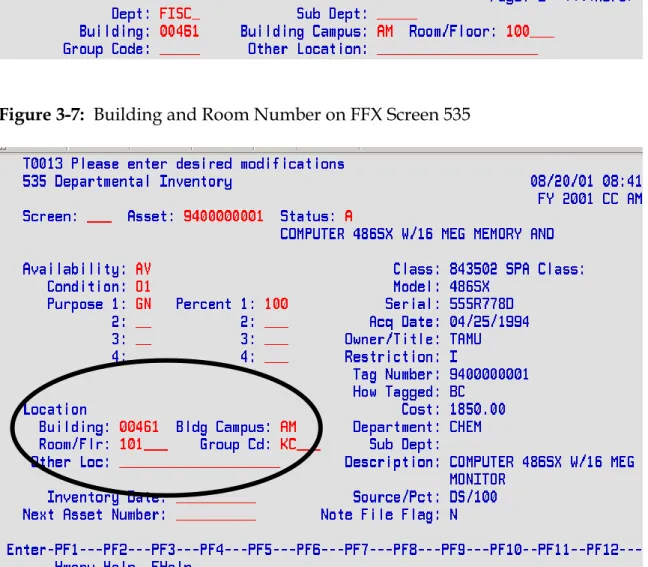 Figure 3-6 illustrates the field on Screen 362 where the preliminary asset creator  would input the building and room number