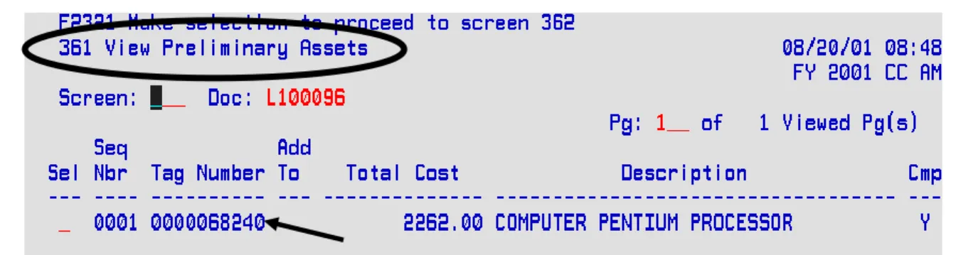 Figure 4-2 is a screen shot of FRS Screen 361 showing the tag number.  The  purchase document number (i.e