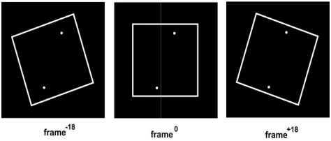 Figure 1. Screen displays showing the frame tilted counter clockwise (frame –18), untilted (frame 0) and clockwise (frame dots mark the ends of the rod tilted +18°.Screen displays showing the frame tilted counter clockwise ) and clockwise (frame +18)