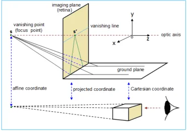 Figure 3. Optics model of the affine transformation of parallel lines implemented by vision 