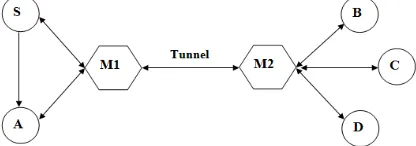 Figure 2: An example of wormhole attack  are two malicious nodes which link through a private connection