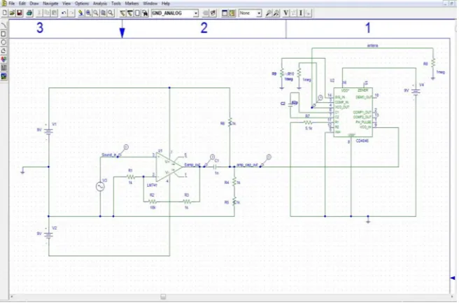 Figure 3: P-spice design for transmitter; the circuit on the left is the amplifier and the one on the right is the VCO circuit