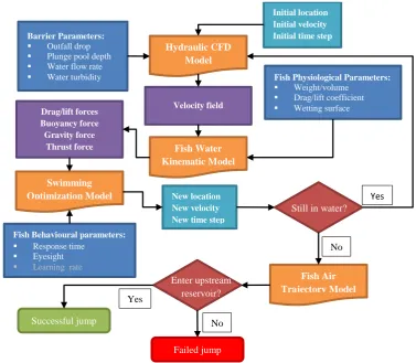 Figure 1  The proposed jumping framework of a fish species consists of four sub-models: (1) hydraulic CFD, (2) fish water kinematic, (3) swimming optimization, and (4) fish air trajectory models 
