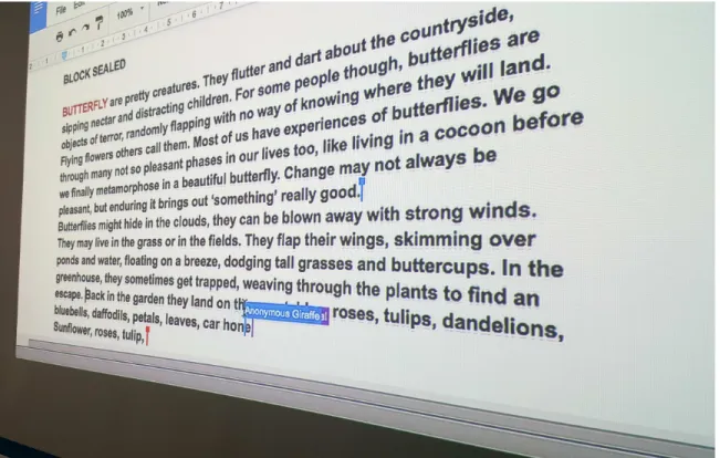 Figure 7. Screenshot of the story ÔminingÕ Ð note the multiple visible and overlapping  cursors, indicating where participants were working into the text