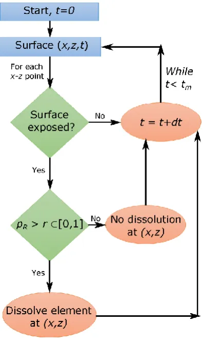 Figure 3: A flow chart of the stochastic simulation process as described in the text. If a surface element is exposed and the probability of removal is greater than a random number, r∈[0,1], then the element will be dissolved