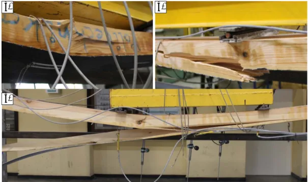 Figure 4. Observed failure modes: a) compression of timber; b) rupture of CFRP overlay; c)  delamination of CFRP strip