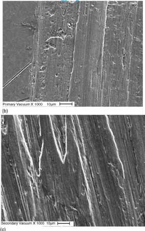 Fig. 5 Scanning electron micrographs of the wear scars on the disc (Inconel 718,650  ˚C, 15 N, 0.75 m/s) (a) at atmospheric pressure,  (b) in primary vacuum, (c) in secondary vacuum (same magnification) [2]