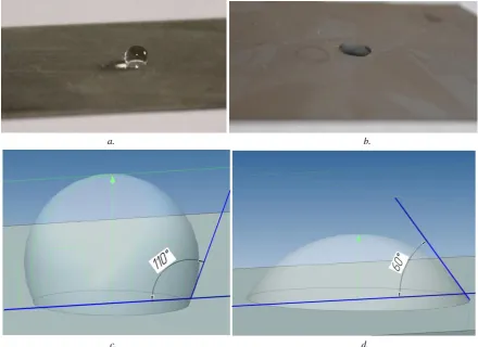 Fig. 7. Photos (a, b) of distilled water droplets and a scheme for determining the wetting angle using програмного appli-cation T-Flex (c, d) on hydrophobic silicon plate (a, c) and a hydrophilic plate whose surface contains silicon dioxide (b, d)  