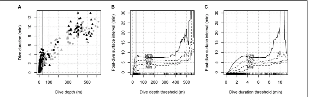 FIGURE 1 | Selection of depth threshold for deep dives. (A) Relationship between the maximum dive depth and dive duration for all marked inter-breath intervals.Individuals associated with calves are shown in gray, while symbols indicate individual size cat
