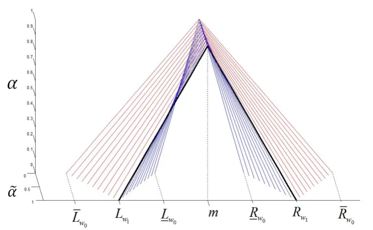 Fig. 2: A triangular perfect QT2FN, ˜wthe support of PS and, with Lw0, Rw0 as the left and right endpoints of the support of LMF,Lw0, Rw0 as the left and right endpoints of the support of UMF, Lw1, Rw1 as the left and right endpoints of m as the core of the set