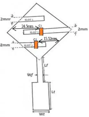 Fig 5. Three slots with capacitor on radiating patch of RMSA with microstrip line feed 