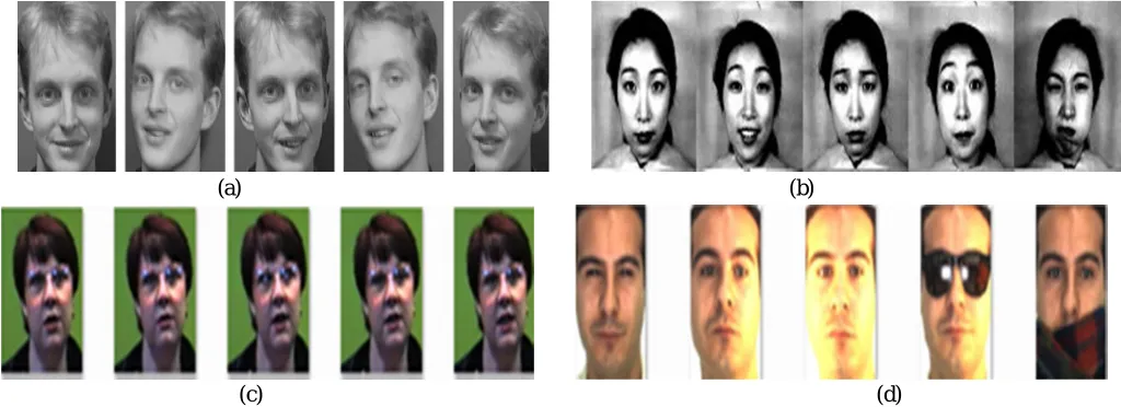 Fig. 1 Sample Images from the Standard Databases: (a) ORL Databases (b) JAFFE Database (c) Essex Database (d) AR Database 
