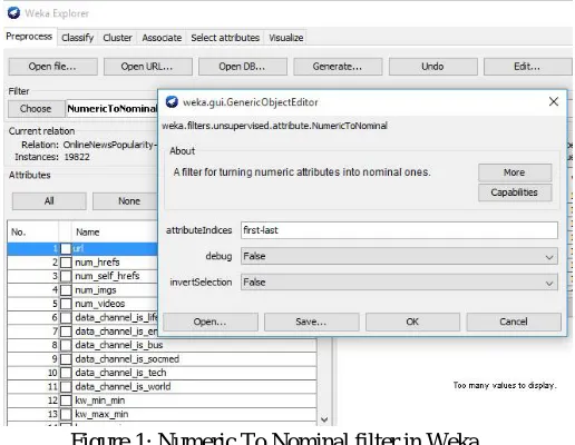 Figure 1: Numeric To Nominal filter in Weka. There are a lot of attributes in this dataset and few of them are not relevant for our study; therefore some dimensions would be better 