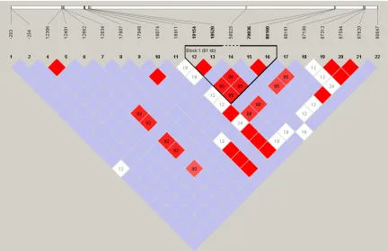 Figure 1. Linkage disequilibrium analysis of CYP2C19. LD is displayed by standard color schemes, with bright red for very strong LD (LOD > 2, D’ = 1), pink red (LOD > 2, D’ < 1) and blue (LOD < 2, D’ = 1) for intermediate LD, and white (LOD < 2, D’ < 1) for no LD.