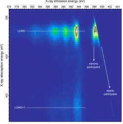 FIG. 3. N 1s RIXS map for a biisonicotinic acid multilayer (deposited to a thickness where pho-