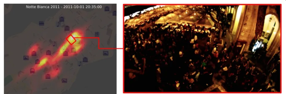 Fig. 4 Crowd density visualized compared with video footage recorded at the Notte Bianca festival 2011 in Valetta, Malta