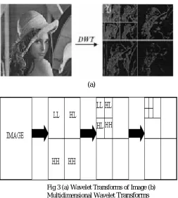 Fig 3 (a) Wavelet Transforms of Image (b) Multidimensional Wavelet Transforms 
