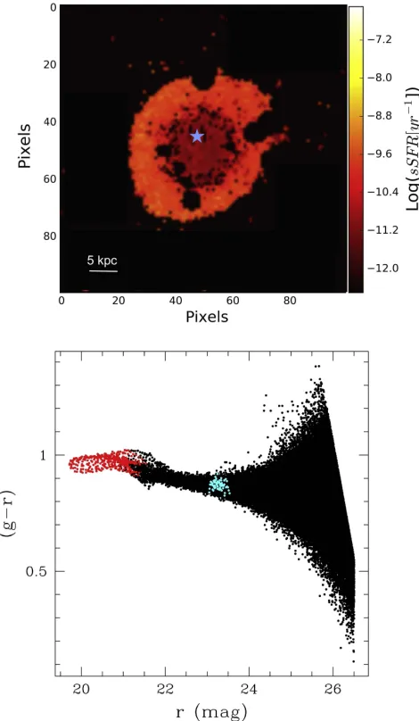 Figure 4. Upper panel: sSFR map resulting from the pixel SED+10redshift. Lower panel: pixel colorNGC 4993 from DECamthe BNS event