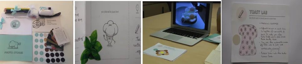 Figure 1 From left to right: the probes kit materials; the hand drawn mascot; the photo of a breakfast sandwich and the beloved postcard being used as prompts for the follow up interview; an example of a completed ‘Toast Lab’ postcard 