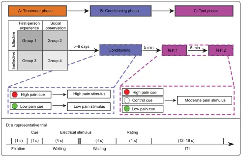 Figure 1 The experimental design.Notes: The experimental procedure consisted of three phases on two separate days, including treatment phase, conditioning phase, and test phase (tests 1 and 2)