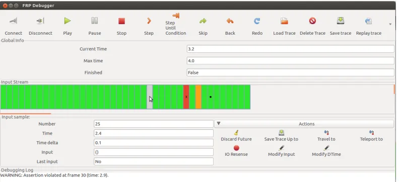 Fig. 4. Screenshot of our FRP game debugger, with the central area showing a loaded input stream beingused to execute a game on a mobile phone