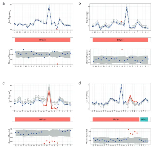 Figure 1. Automated visualisations from DECoN. In all panels, the top plot shows the log-normalised coverage of the sample of interest (blue) relative to reference samples (grey) and the bottom plot shows the ratio of observed to expected coverage with a 9
