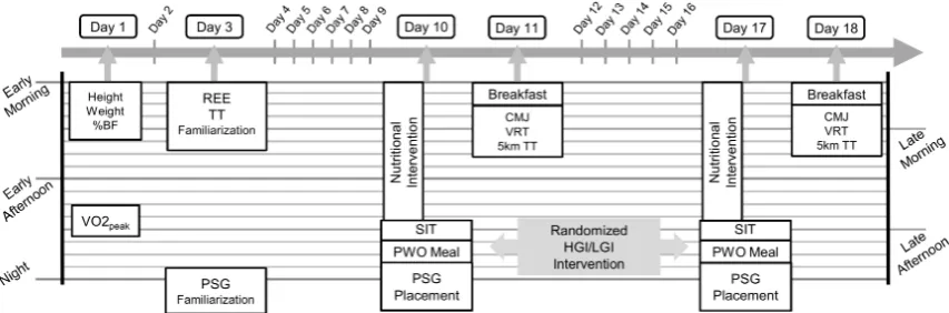 Figure 1. Schematic overview of study design. TT: time trial; REE: resting energy expenditure; PSG:polysomnography; CMJ: countermovement jump; VRT: visual reaction time, TT: time trial; PWO:post-workout; HGI: high glycemic index, LGI: low glycemic index; VO2peak: peak oxygen uptake; SIT:sprint interval training.