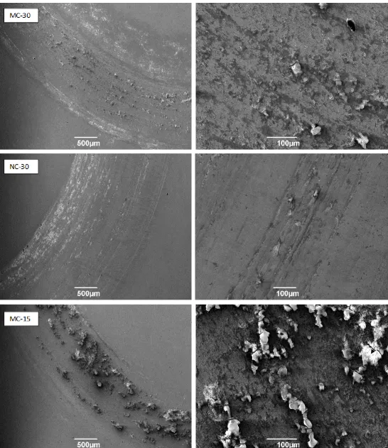 Figure 7 – Left: Lower magnification SE SEM images of the worn surfaces of the three coatings at 96N