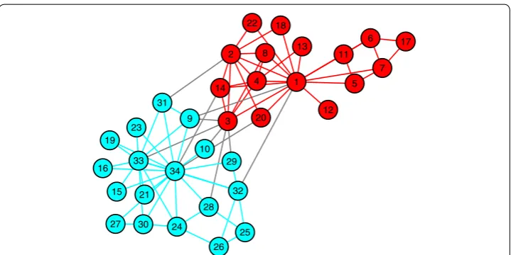 Fig. 2 Clustering result of the karate club graph data. The two clusters found by the LRW algorithm match the ground truth—how the club was split in 1970