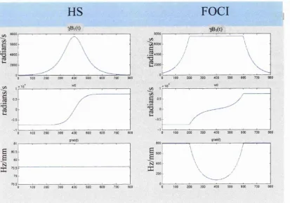 Figure 2-4 Simulated profiles of HS and FOCI pulses as described in the text. HS: red line, FOCI: dark blue line, striped light blue line gives -7.5 mm, +7.5mm inversion boundaries of a perfect pulse.