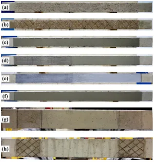Fig. 4. Strengthening procedure: (a) surface preparation of FRP-strengthened beams, (b) surface preparation of TRM-retroﬁtted beams, (c) application of ﬁrst layer of mortar,(d) application of ﬁrst layer of TRM, (e) application of the ﬁrst layer of FRP, (f) application of ﬁnal layer of mortar for TRM reinforced specimens, (g) surface preparation of FRPU-shaped jacket, (h) surface preparation for TRM U-shaped jacket.