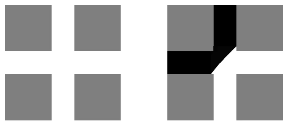 Figure 3. (a) Schematic depiction of an empty, ‘+’ shaped intersection in a model pore bond network (shown in white), and (b) following partial retraction and subsequent entrapment of mercury (shown in black)
