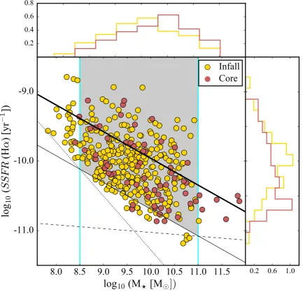 Figure 12. SSFR versus stellar mass for the Hα-detected galaxies in the infall (yellow) and core (brown) regions of the A901/2 system