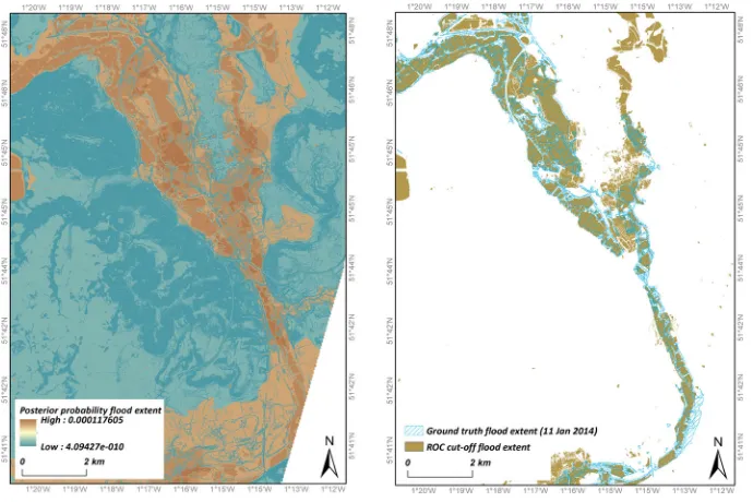 Fig. 9 Flood extent maps based on posterior probability (left) and probability cut-off calculated using ROCanalysis